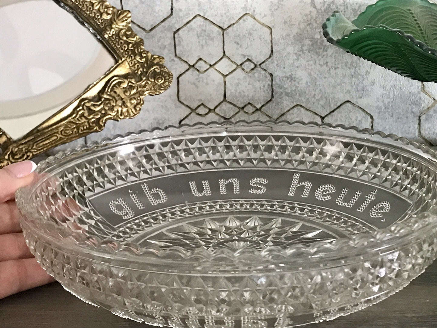 Art Déco Pressglas Schale Antik Brotschale Unser täglich Brot gib uns heute Glas