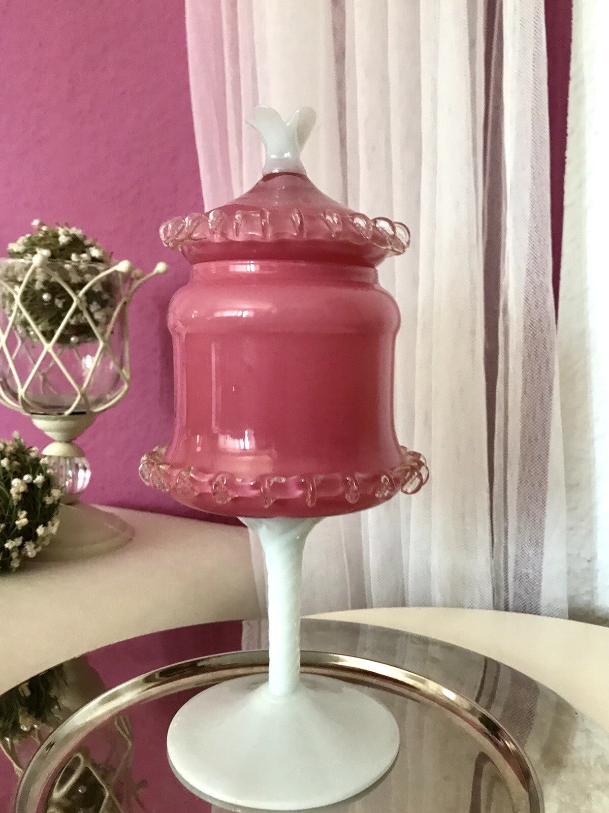 Vintage 60er Empoli Fußschale Schale Bonboniere rosa weiß Deckelvase Designer