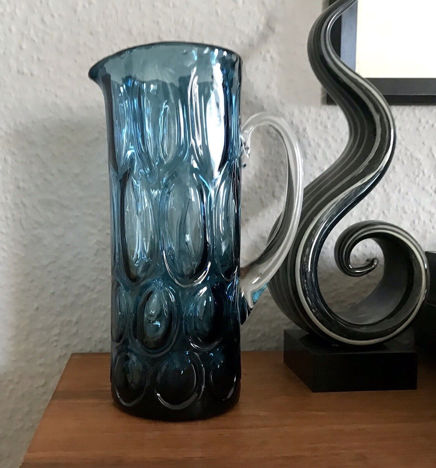 Vintage Designer 60er Krug Kanne Karaffe Space Age Glas Bubble Struktur blau