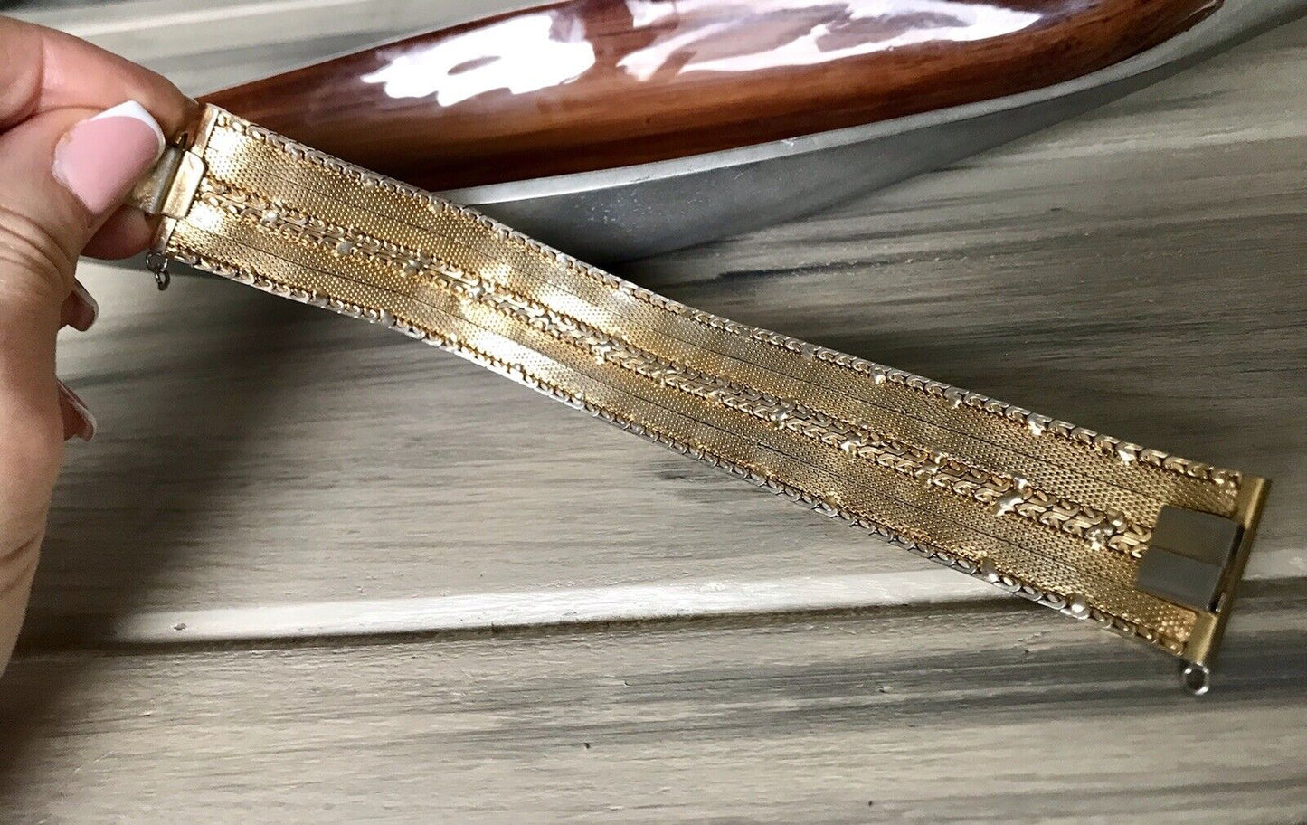 Vintage breites Teppicharmband Armband vergoldet Amerik. Doublè