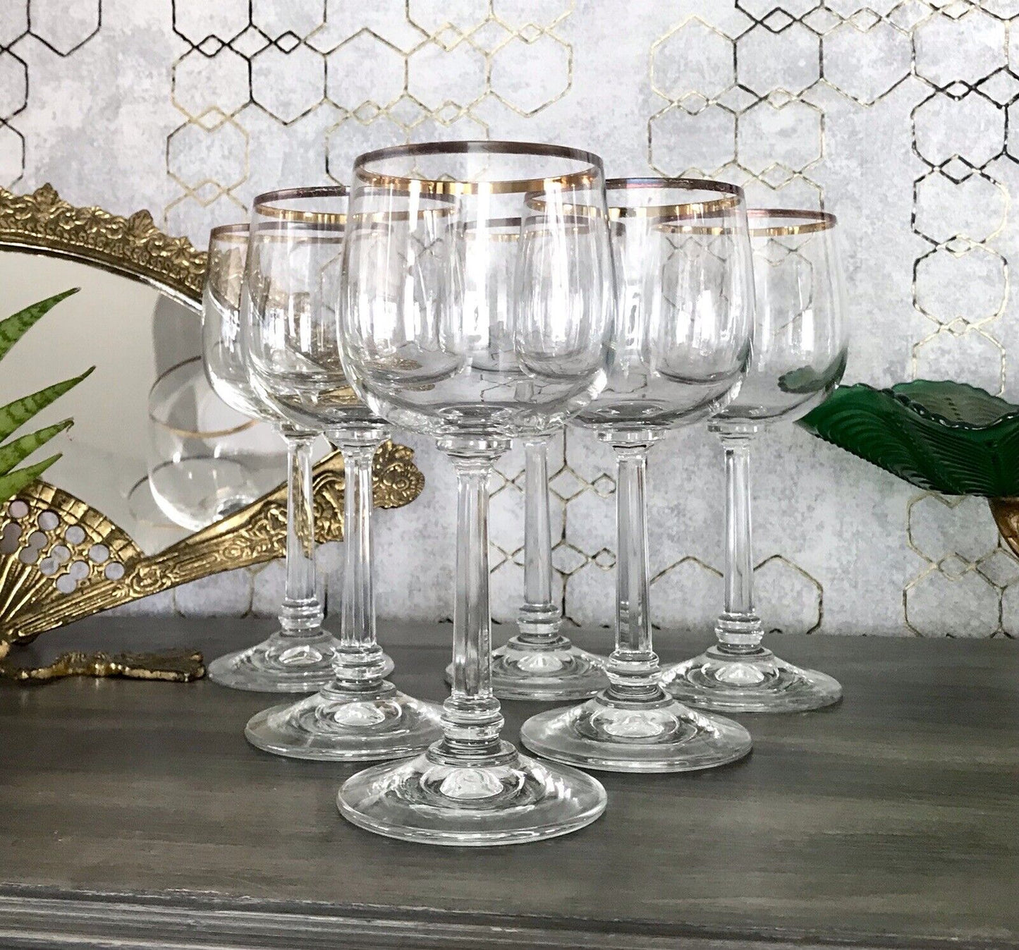 Art Déco Stil 6 Gläser Weingläser Weißweingläser Glas Goldrand Lausitzer