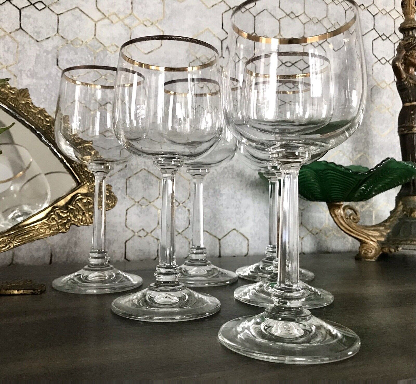 Art Déco Stil 6 Gläser Weingläser Weißweingläser Glas Goldrand Lausitzer