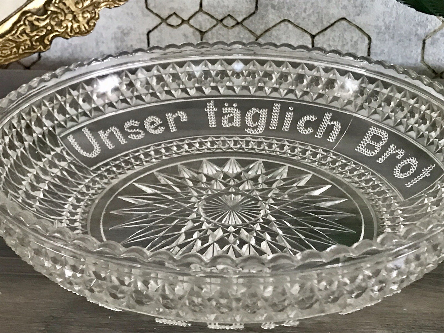 Art Déco Pressglas Schale Antik Brotschale Unser täglich Brot gib uns heute Glas