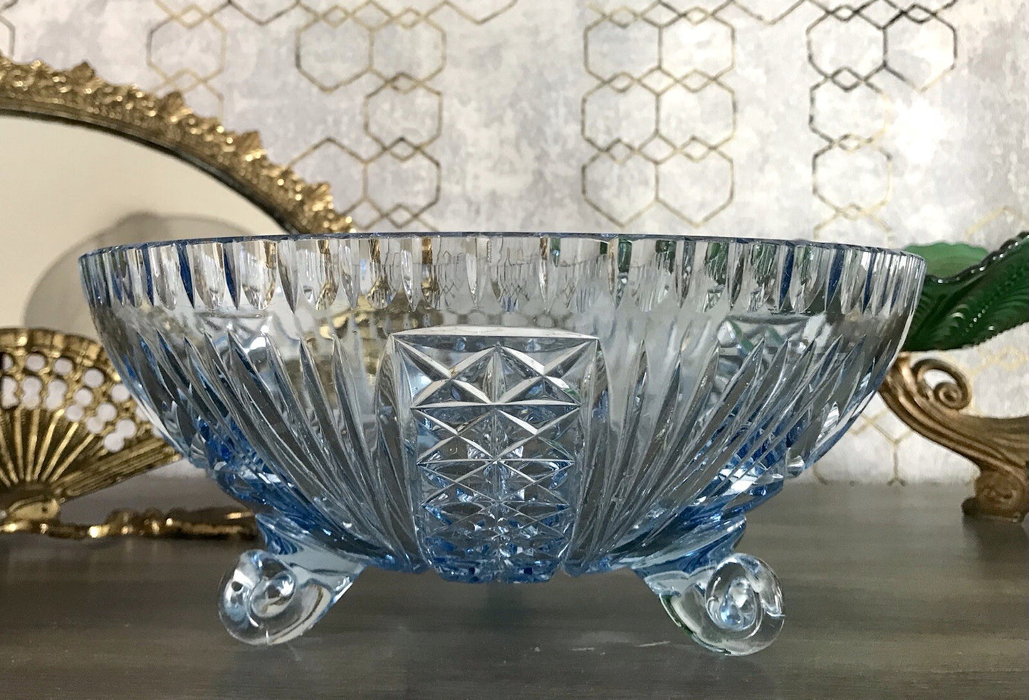 Antik EDEL blau Art Déco Schale Glasschale mundgeblasen geschliffen 3füssig