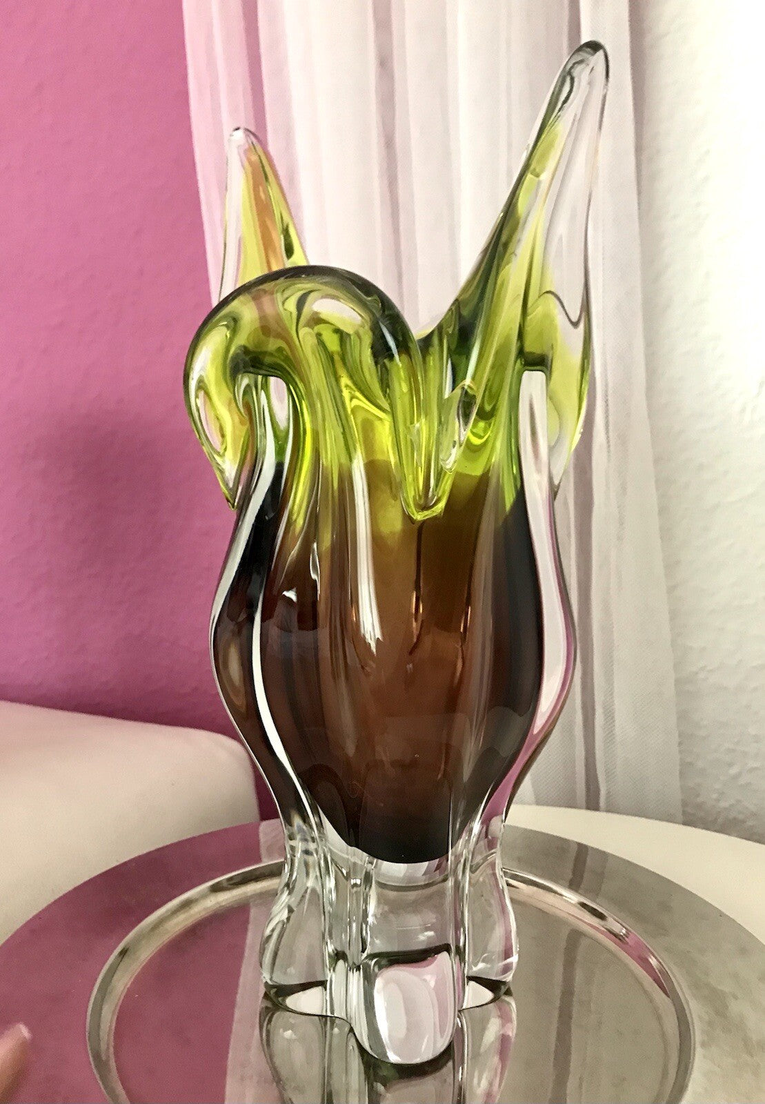 Vintage große Glasvase Vase Chribska 60er Jahre Glas Hospodka grün aubergine