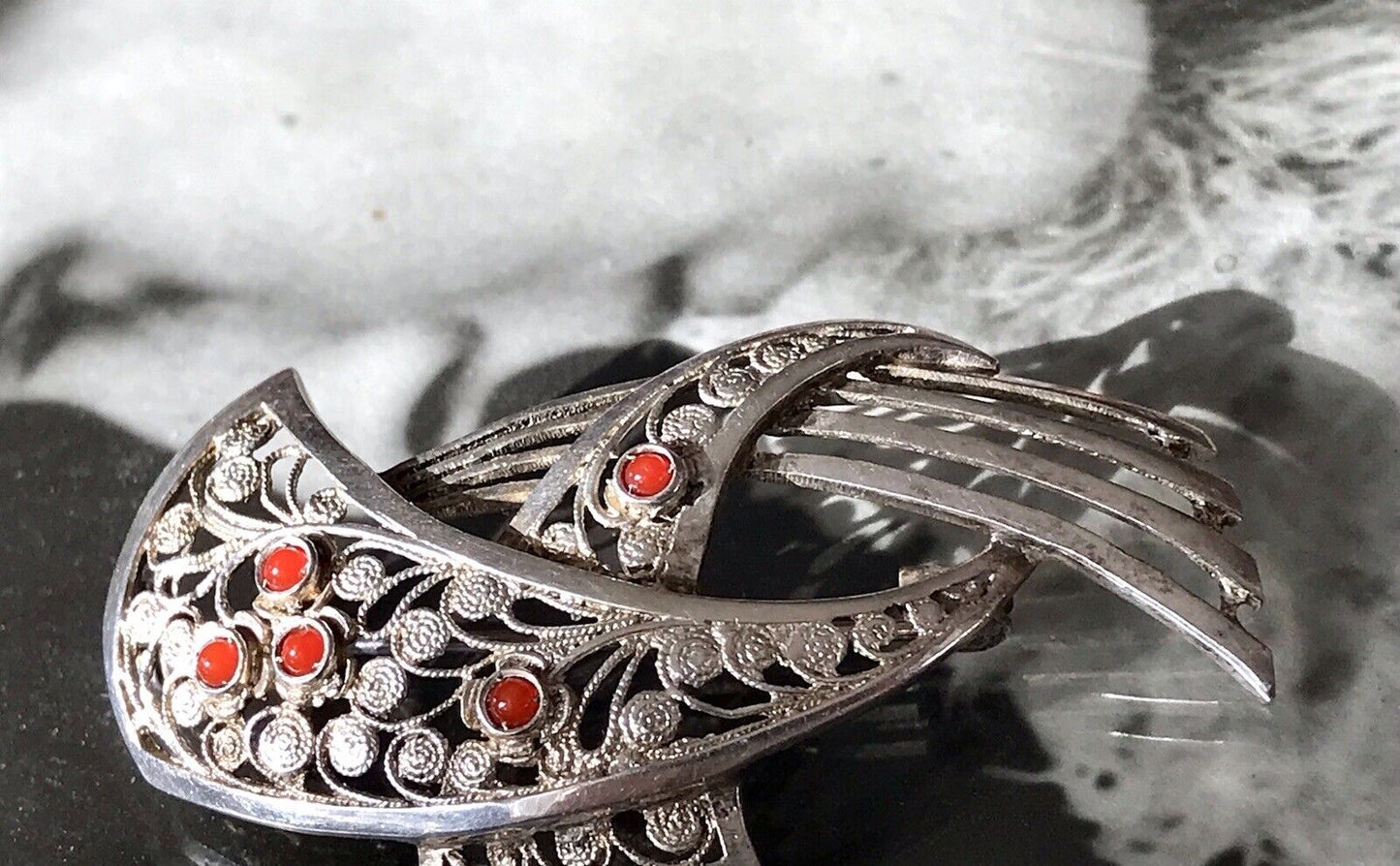 Antik Art Déco Edel prachtvoll filigran Brosche Silber 835 H Koralle