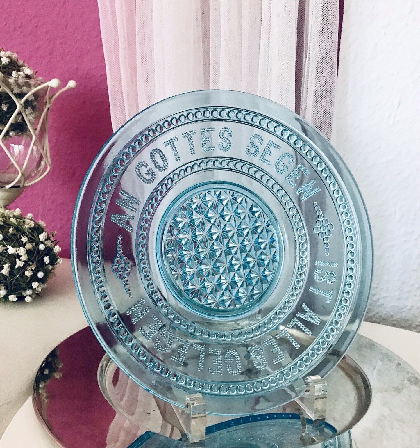 Antik Art Déco Pressglas Schale türkis blau An Gottes Segen ist alles gelegen