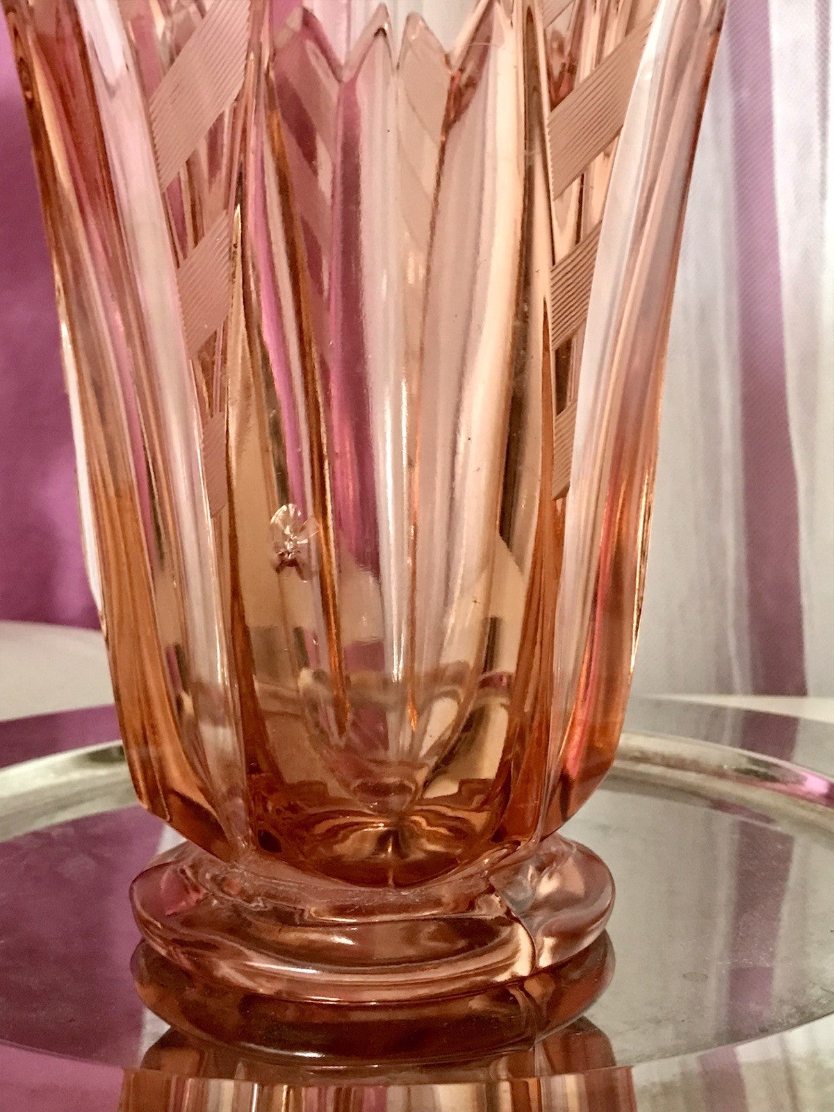 Antik Art Déco Vase Glasvase Pressglas Glas Rosalin rosa Blumenvase Schwepnitz