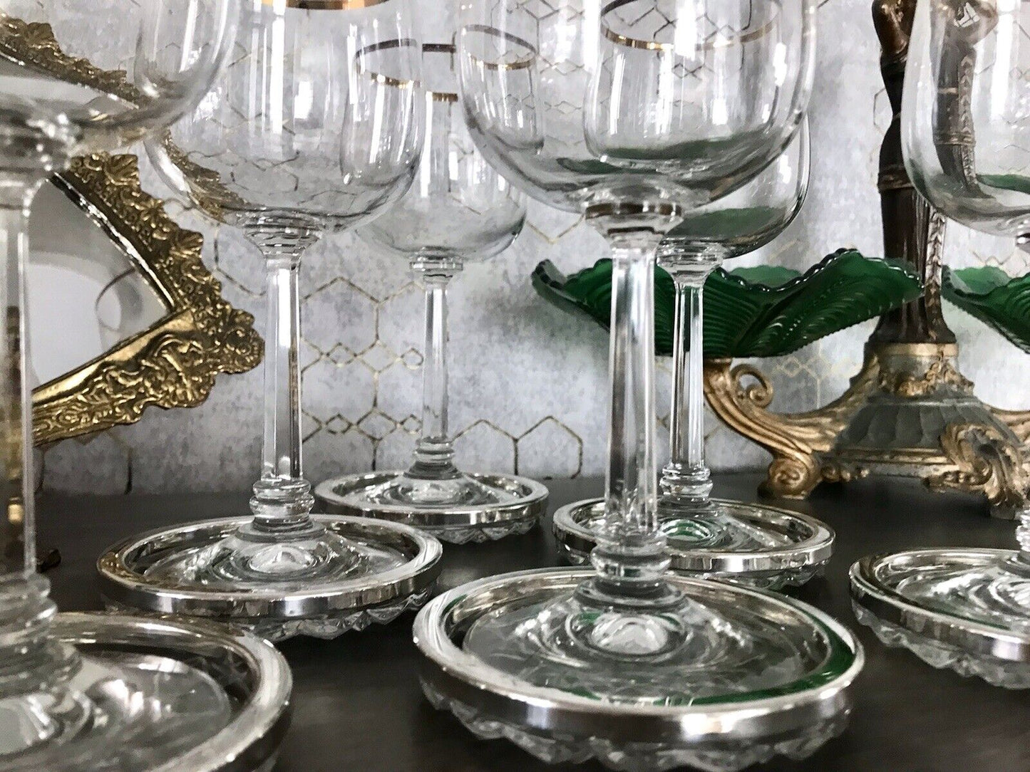 Vintage 6x Untersetzer für Weingläser Glas Kristallglas Bleikristall versilbert