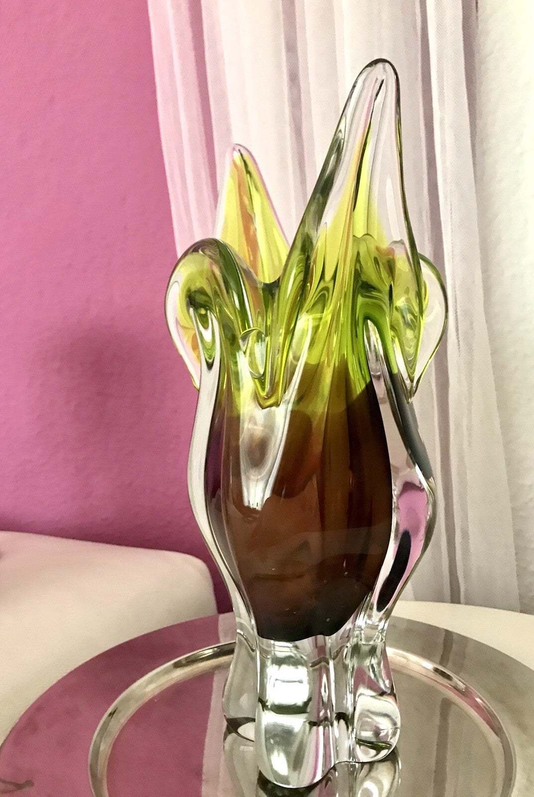 Vintage große Glasvase Vase Chribska 60er Jahre Glas Hospodka grün aubergine