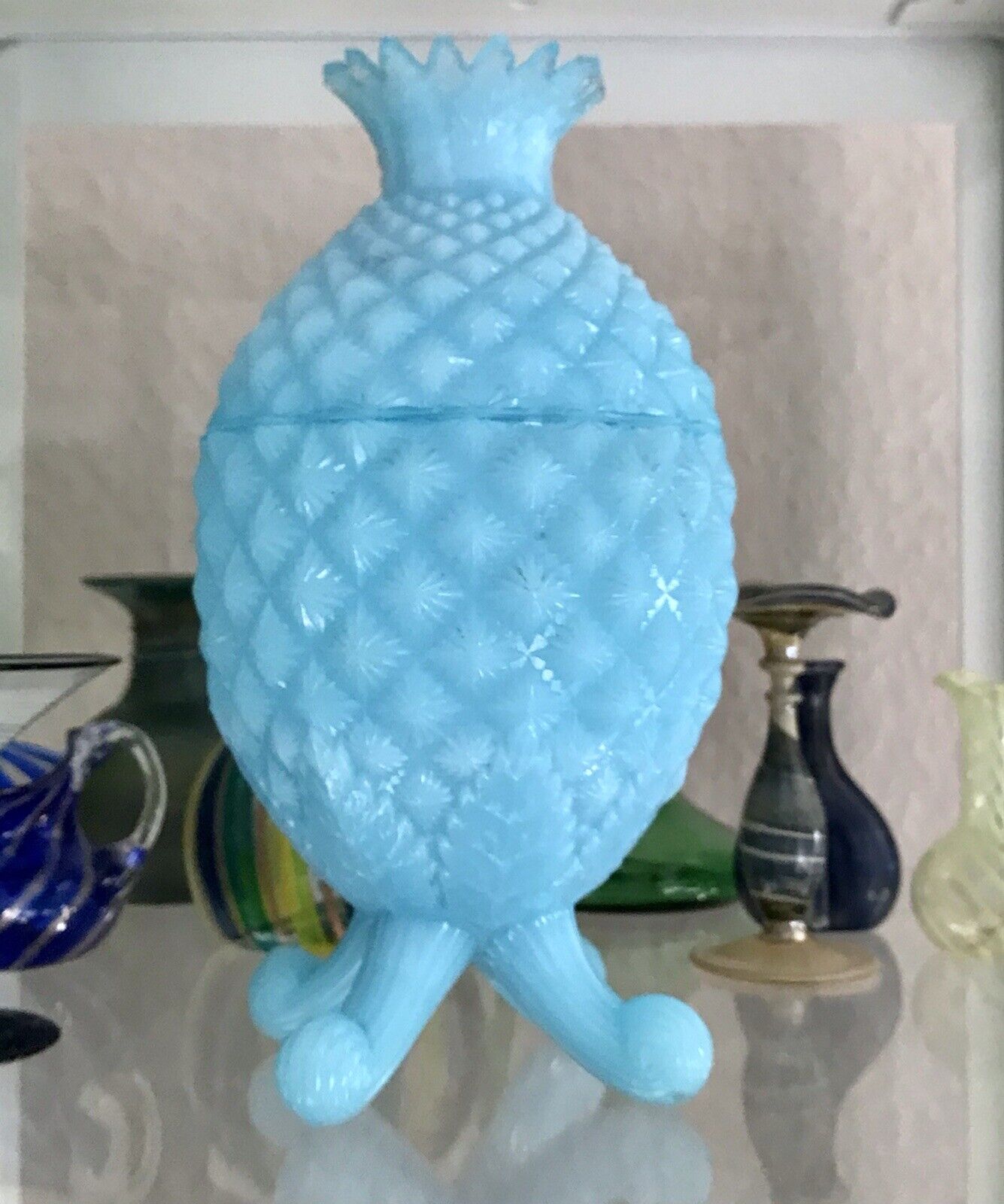 Antik Jugendstil Ananas Glasdose Dose Opalglas Deckeldose blau Pressglas SCHÖN!