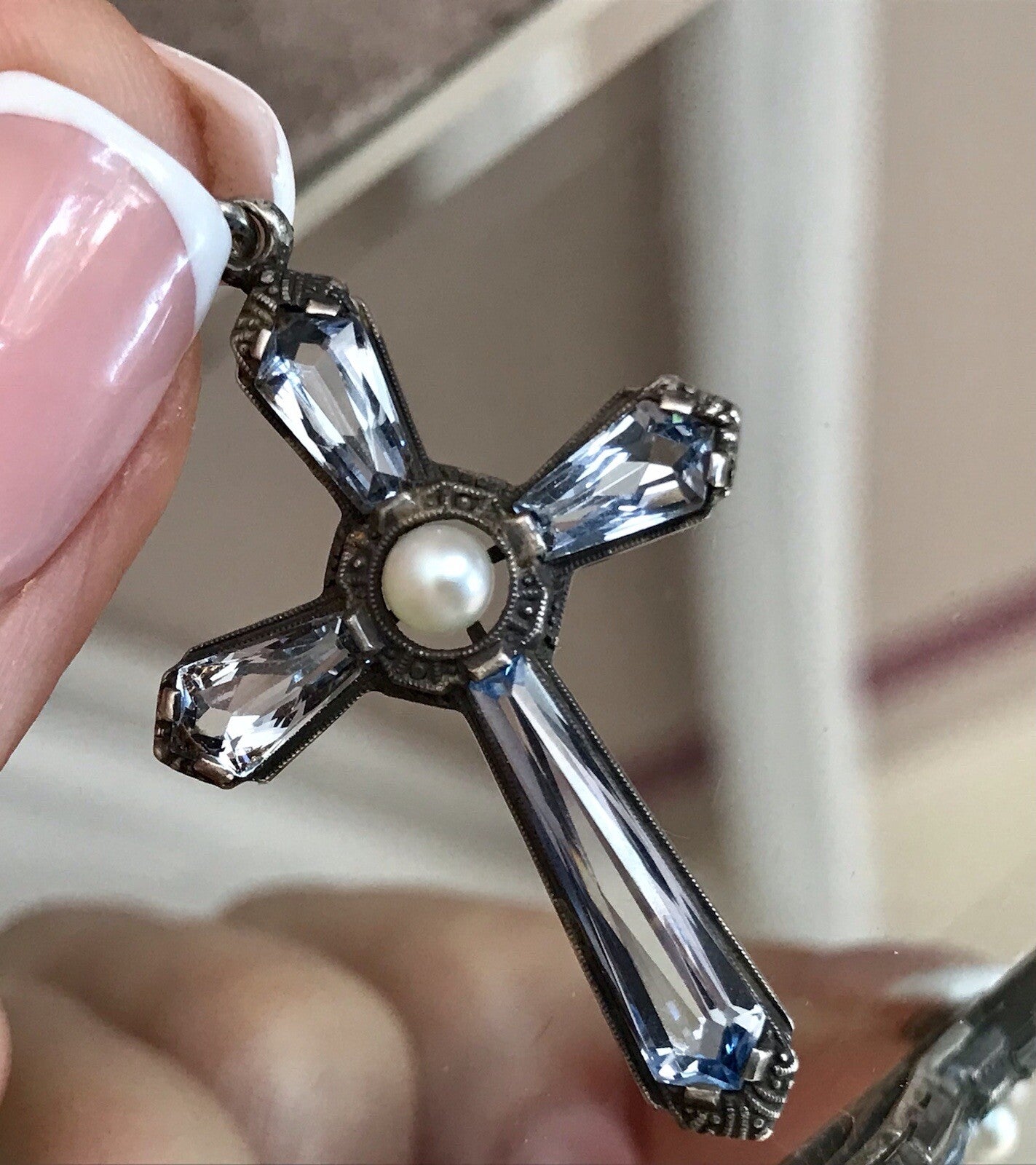 Antik Edel Art Déco Silber Kreuz Anhänger Kettenanhänger blaue Steine Aquamarin?