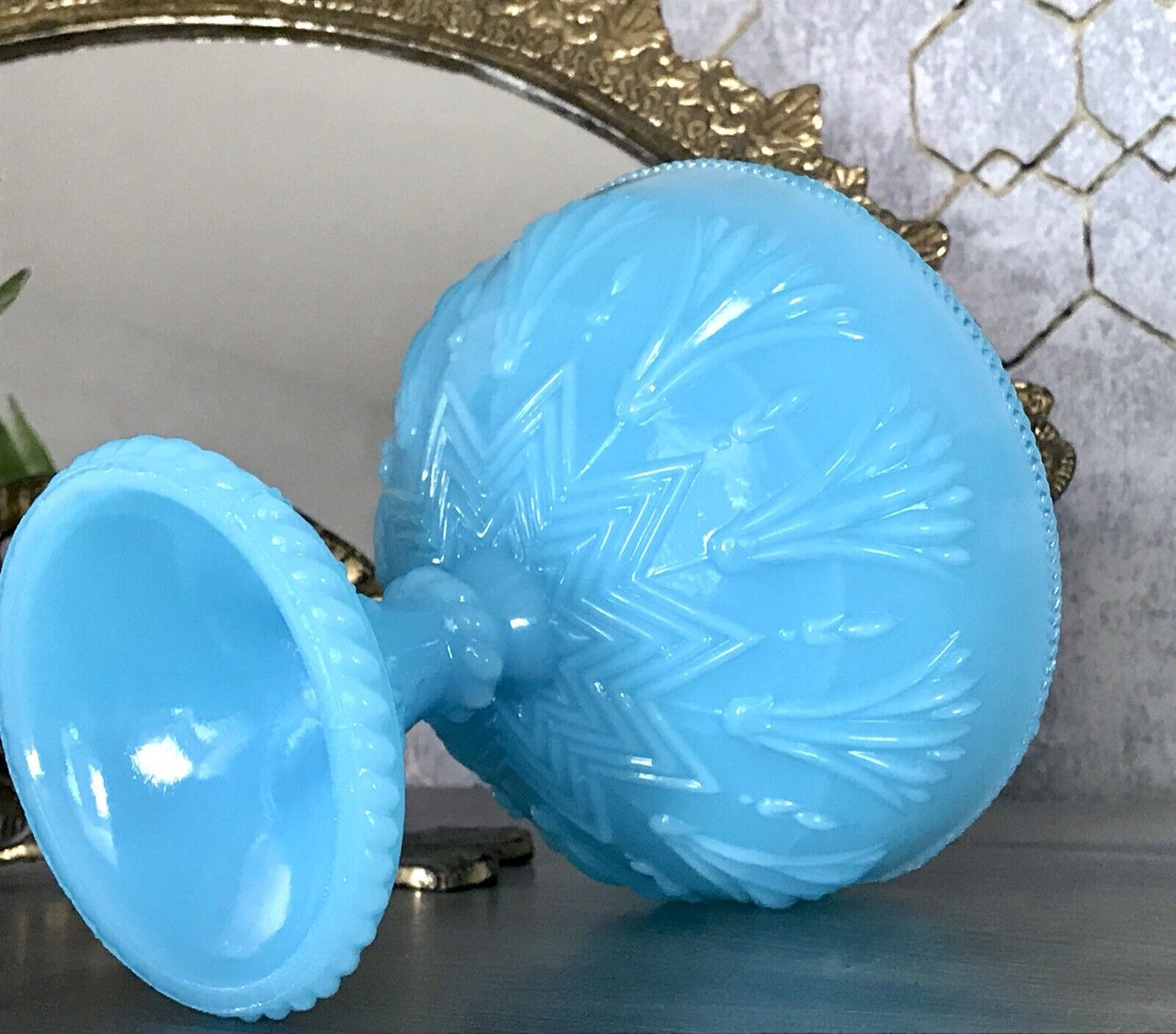 Antik Jugendstil Art Déco Pressglas Schale Fußschale Zuckerschale blau türkis
