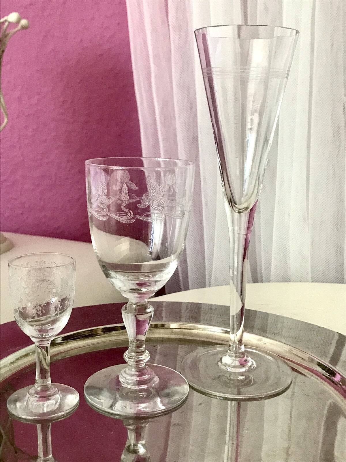 Konvolut Antik 3 Gläser Weinglas Sektglas Likörglas gerippt Ätzglas Jugendstil