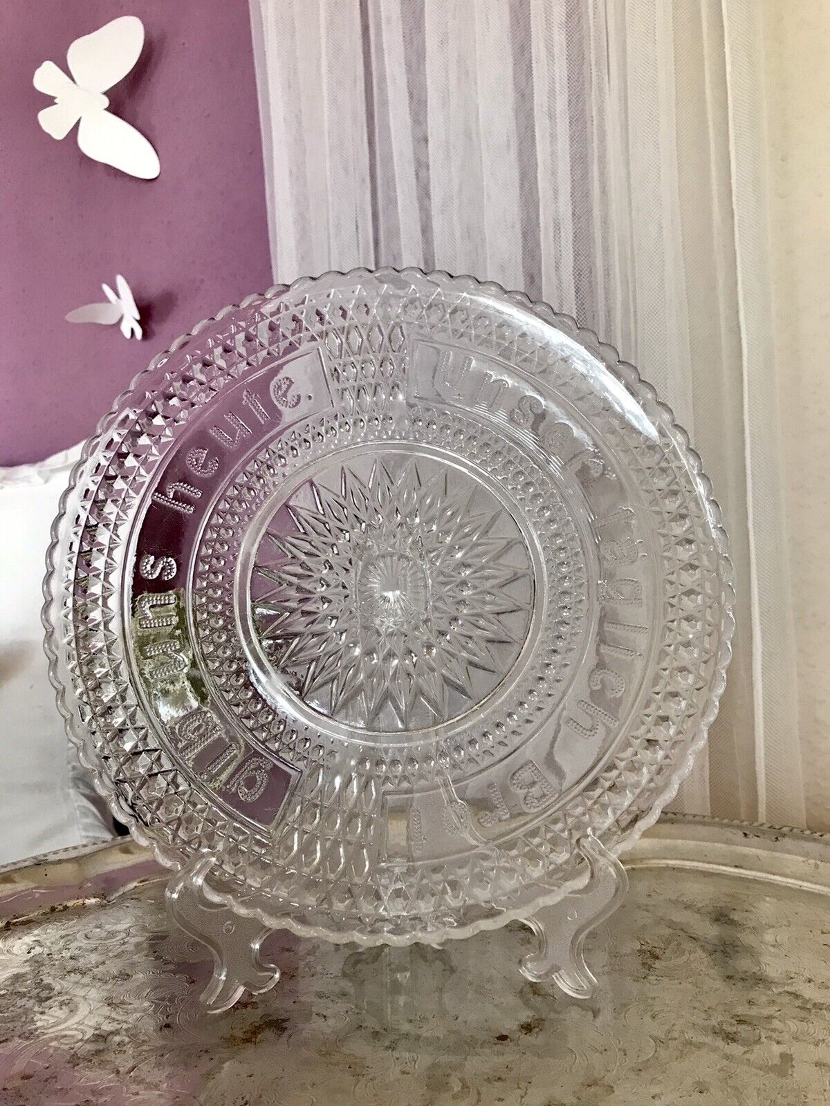 Art Déco Pressglas Schale Antik Brotteller Unser täglich Brot gib uns heute