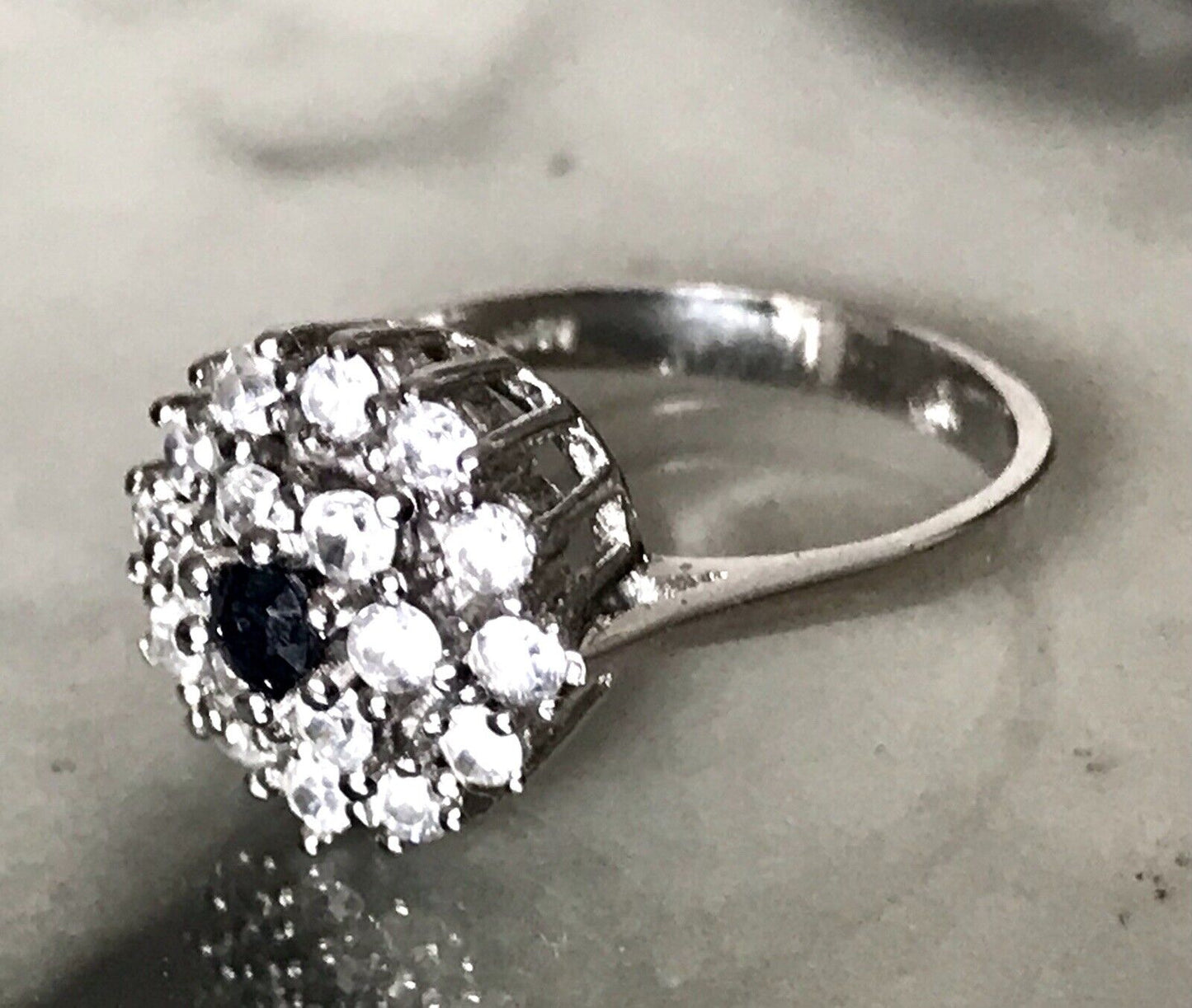 Vintage Entourage Halo Ring farblose Steine & Saphir Silber 925 ~Gr.54