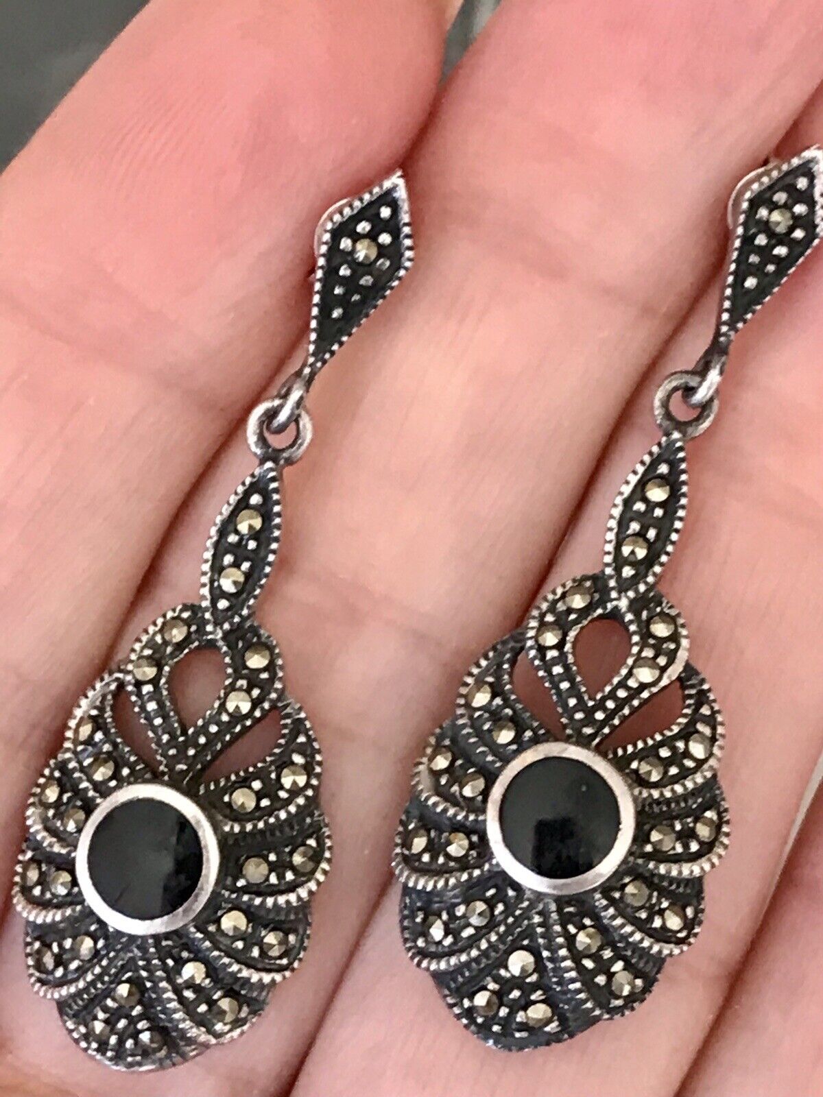 Antik Art Déco Wunderschön Ohrhänger Ohrringe DAMEN Silber 925 Onyx Markasite