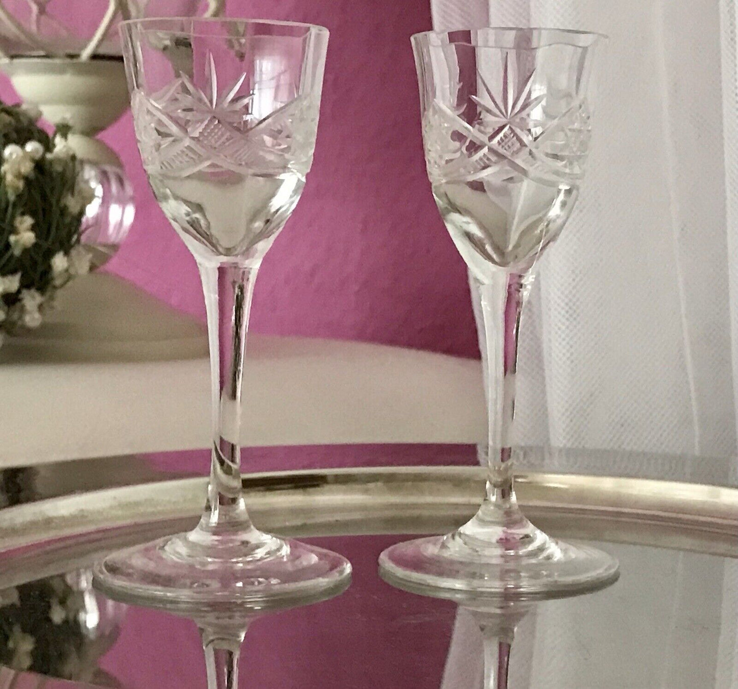 Antik 2 hochstielige Jugendstil Art Déco Likörgläser Kristallglas Schliff EDEL