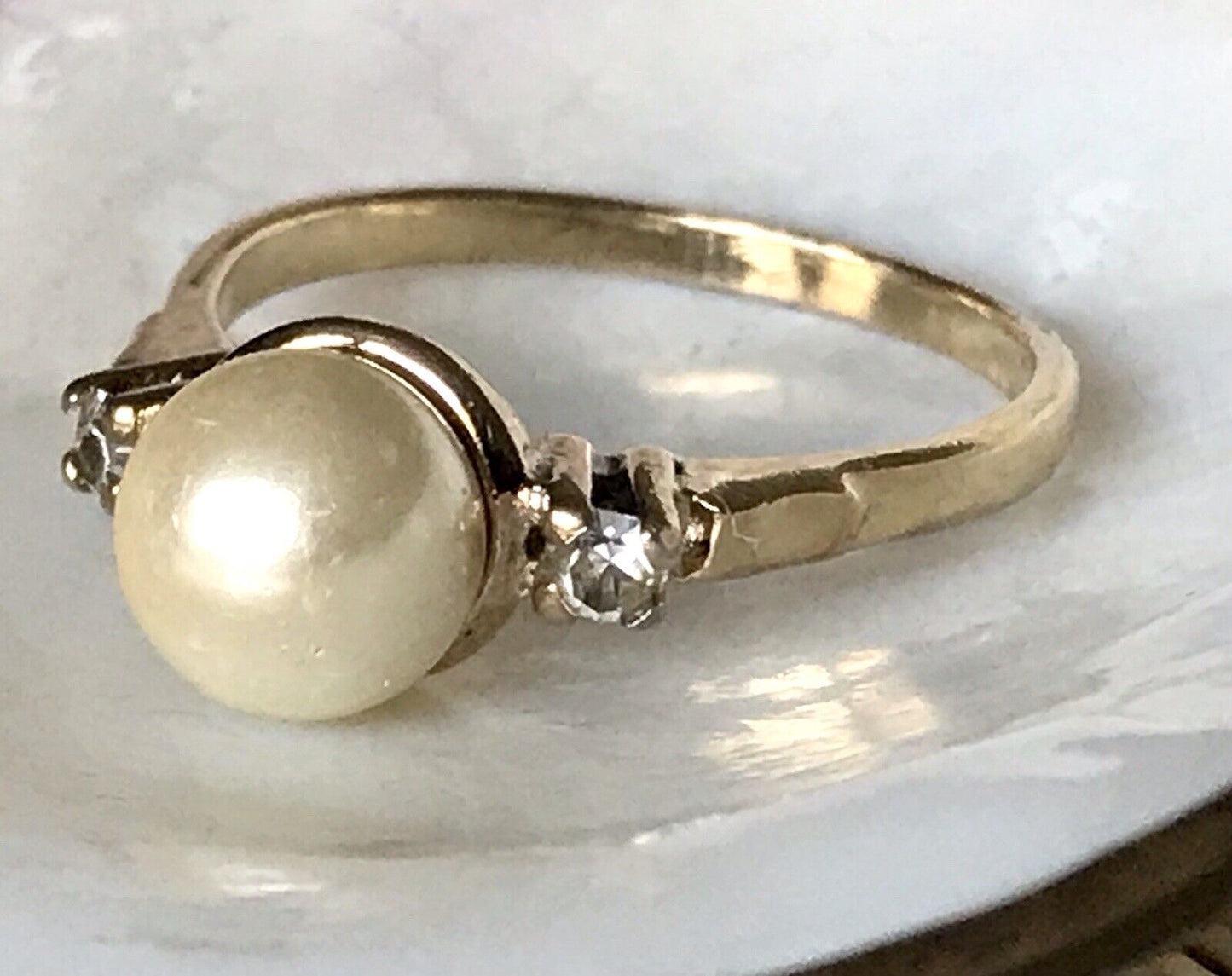 Antik Alt Edel DAMEN RING Silber 925 Perle farblose Steine Gr.58 18,4 vergoldet