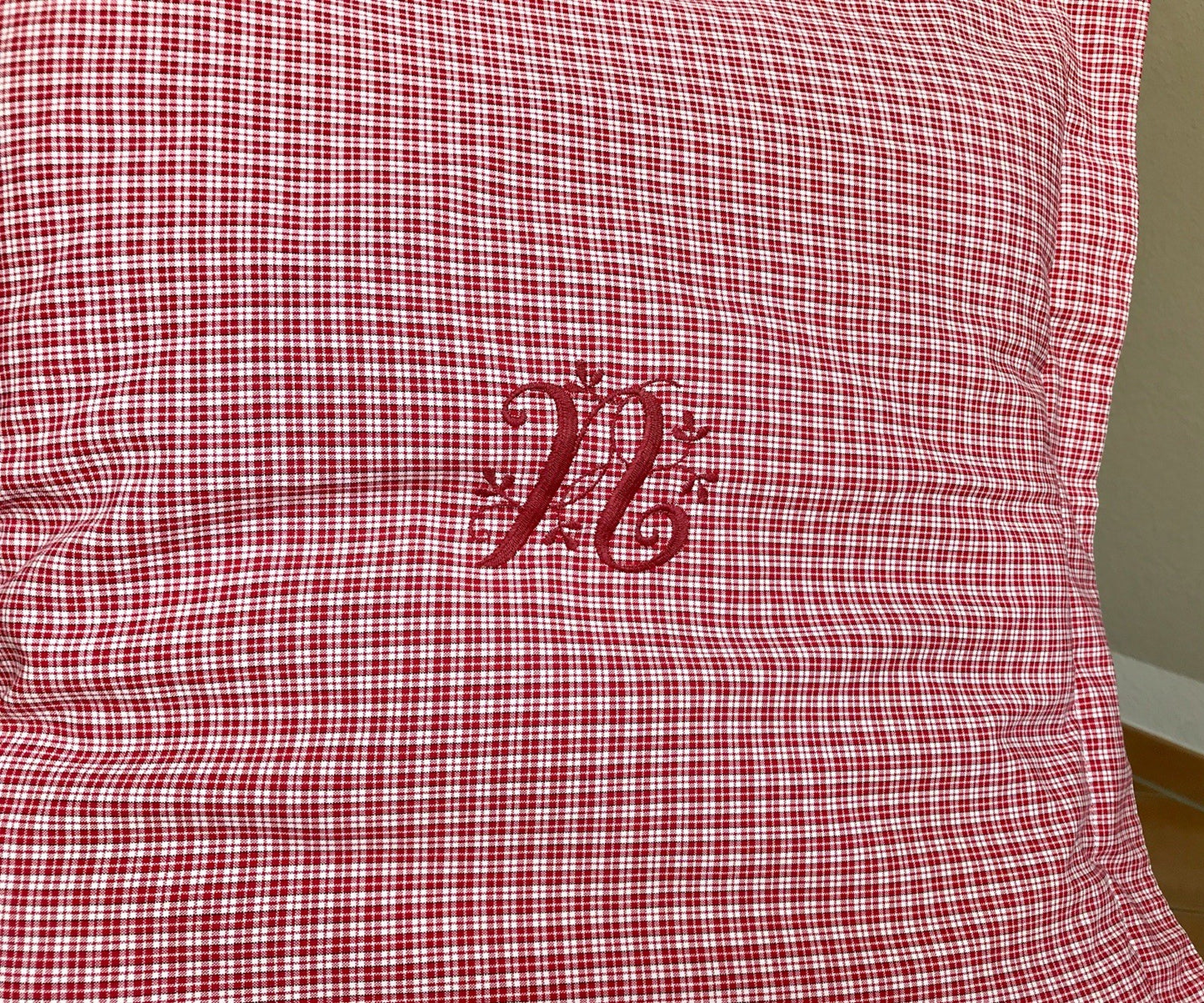 Antik? Vintage Alt Kopfkissen Bezug Baumwolle Monogramm N Stehsaum rot kariert