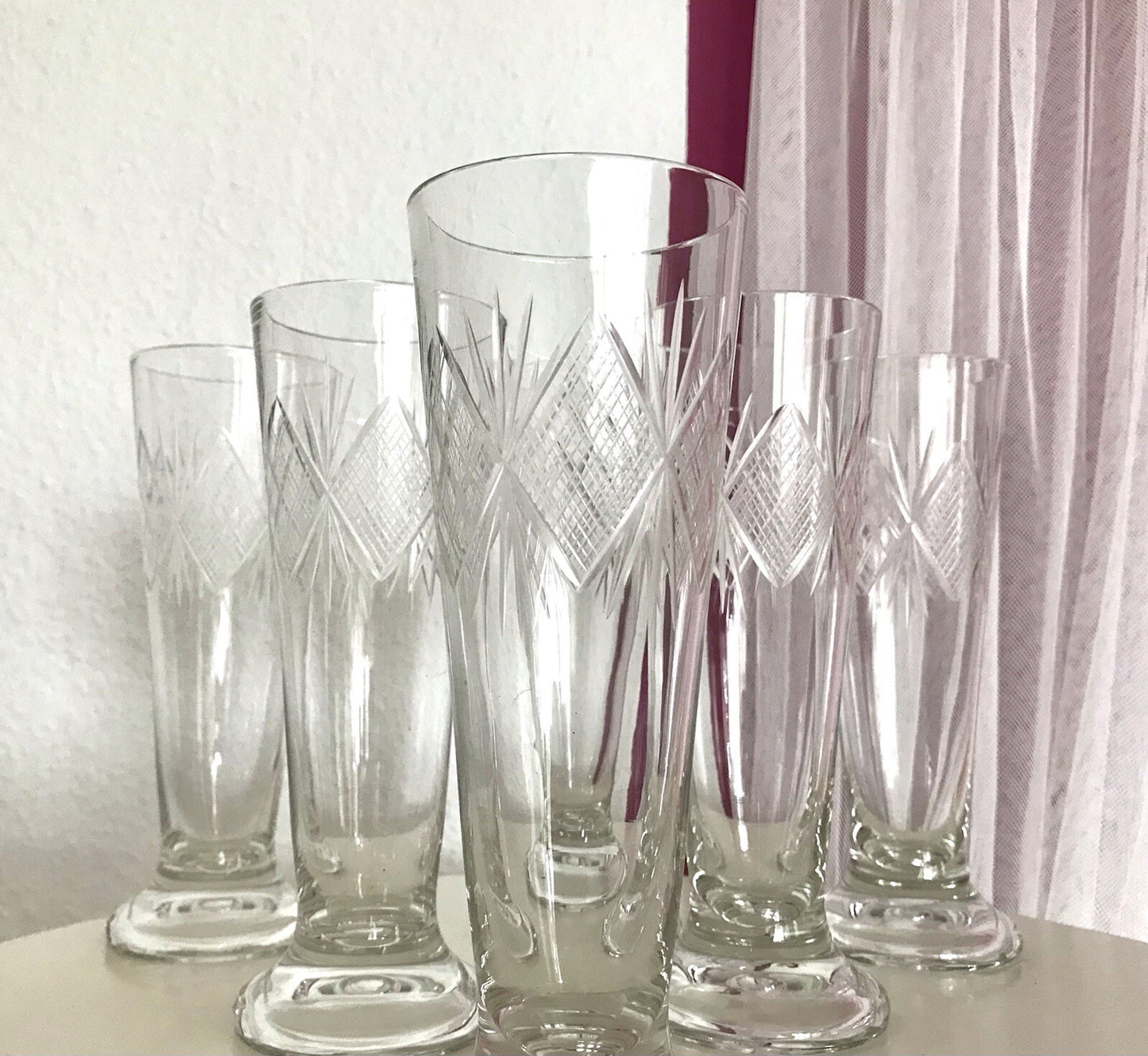 Antik 6x Fußbecher Fußrand-Becher mundgebl. Pokalgläser Kristallglas? Schliff