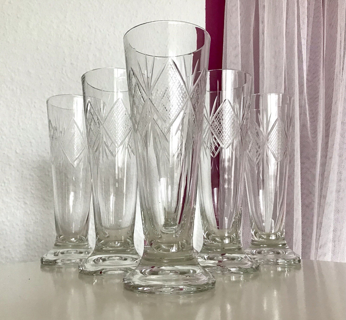 Antik 6x Fußbecher Fußrand-Becher mundgebl. Pokalgläser Kristallglas? Schliff