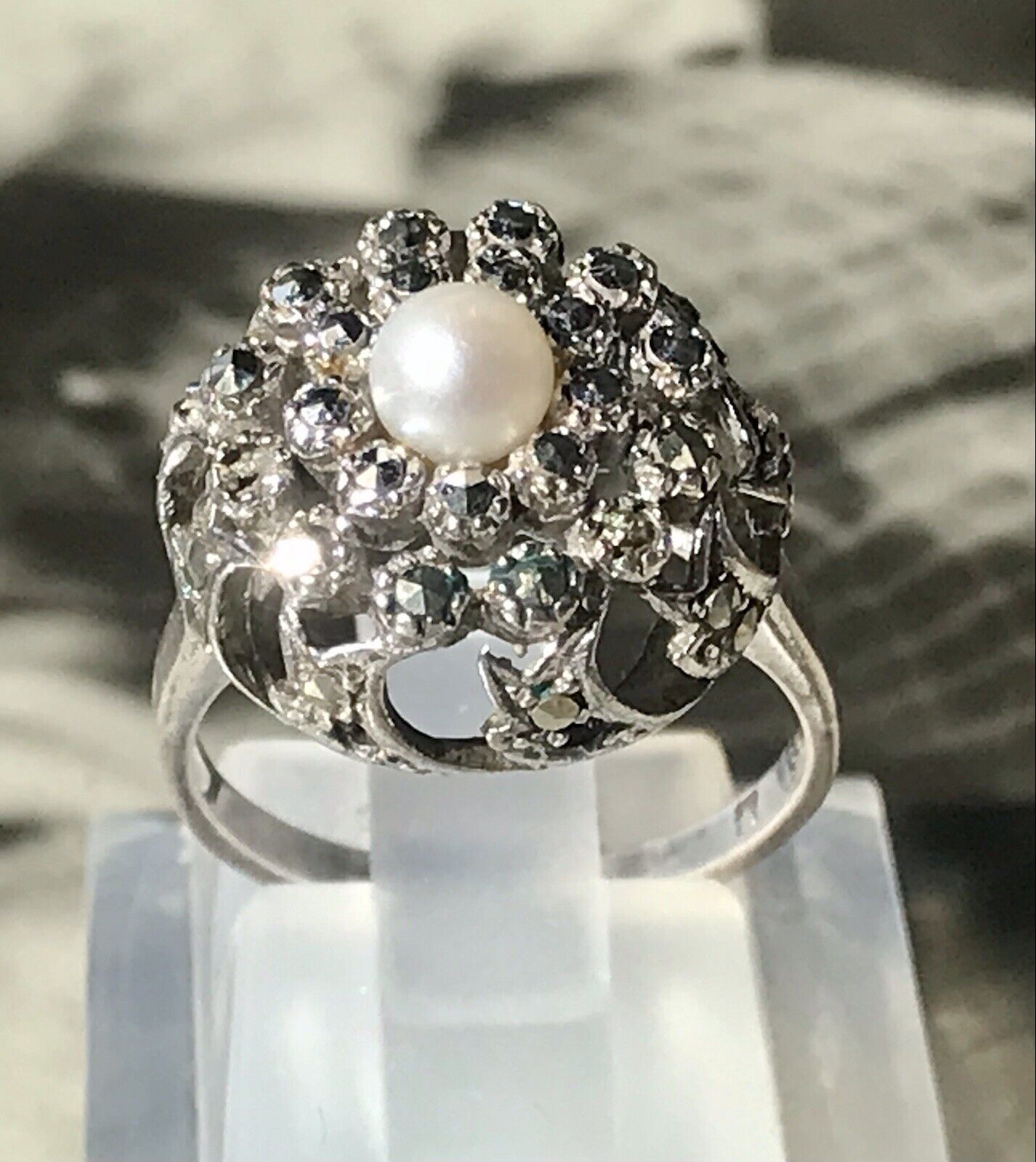 Antik Edel DAMEN Entourage RING Silber 835 Perle Markasite Gr.52