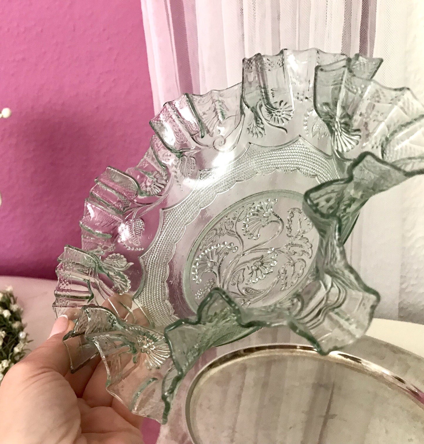Antik Jugendstil gewellter Serviettenrand Pressglas Schale Glas so schön! grün