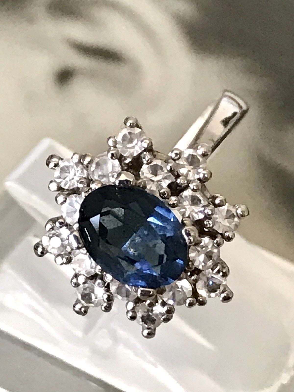 Vintage Entourage Halo Ring farblose Steine & Saphir Silber 925 ~Gr.52