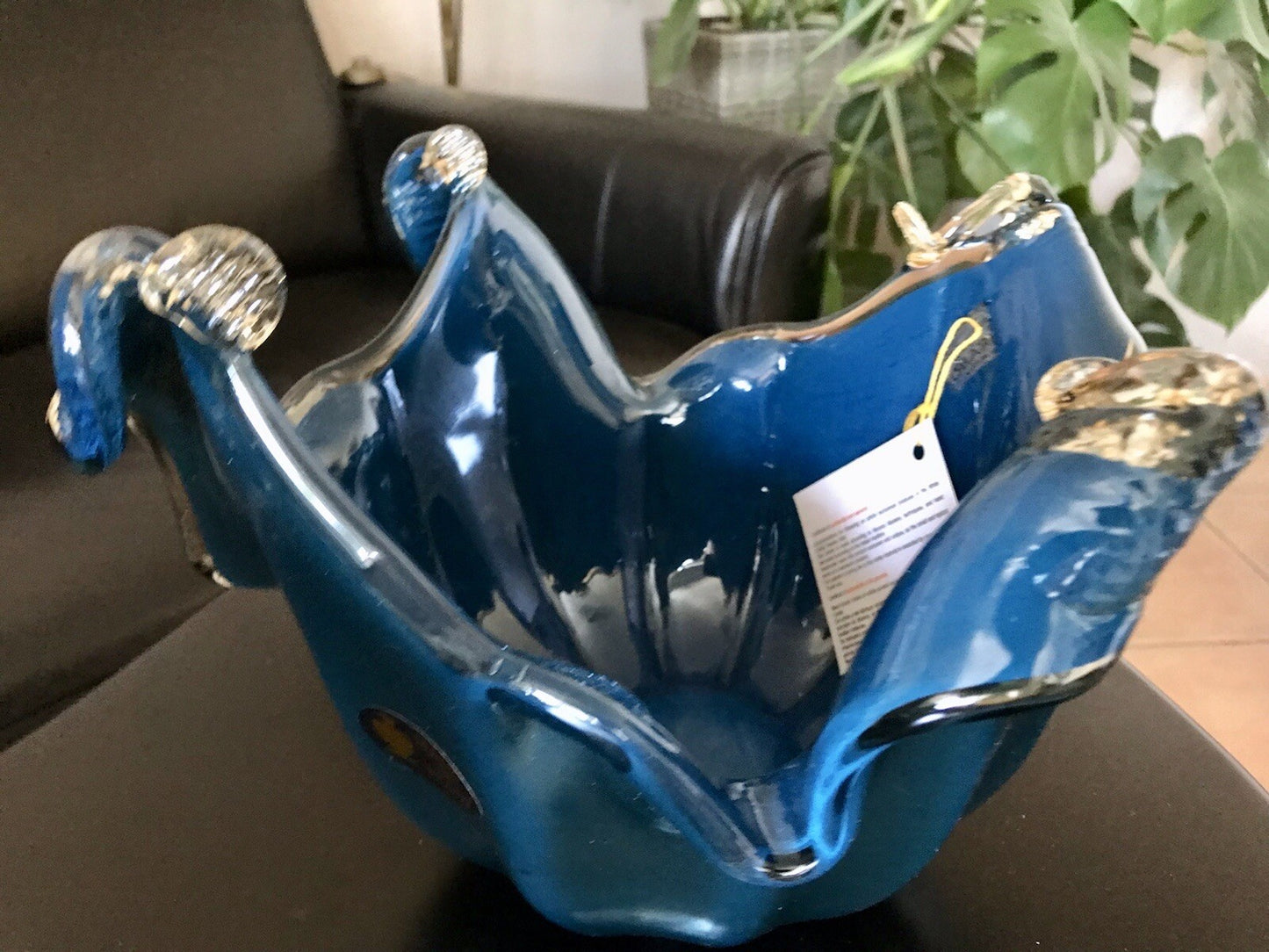 Vintage Murano Schale Vase Glas Petrol Blau metallic irisierend Edel Aufkleber