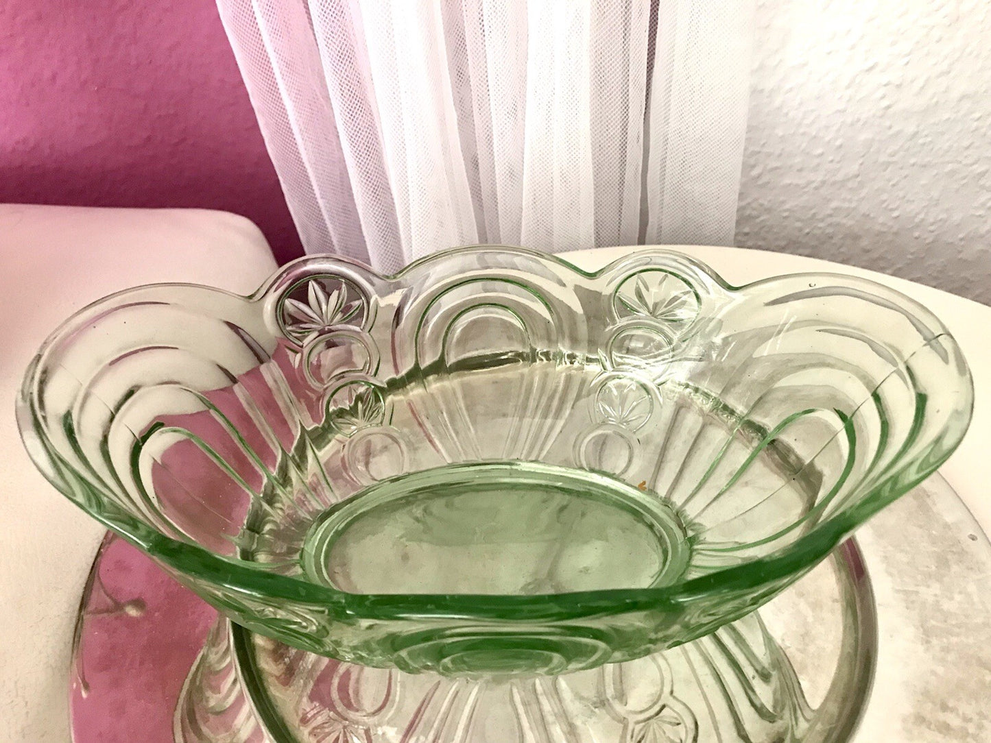 Antik Art Déco Jardiniere Schale Pressglas Glasschale grün Obstschale