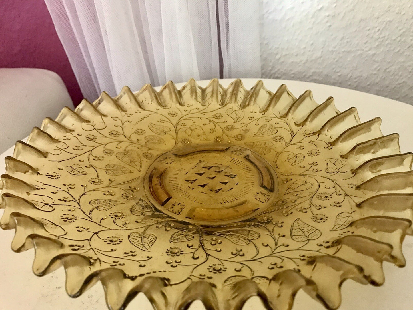 Antik Jugendstil Serviettenrand Pressglas Schale Glas Fenne Ewald Gelb Selten!