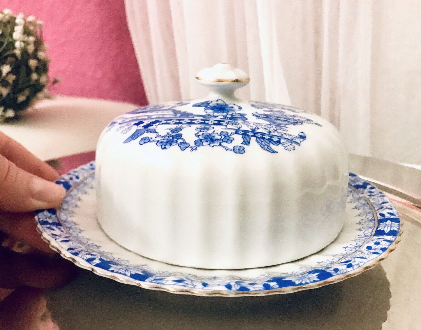 Antik Art Déco Porzellan Butterdose Dose China Blau