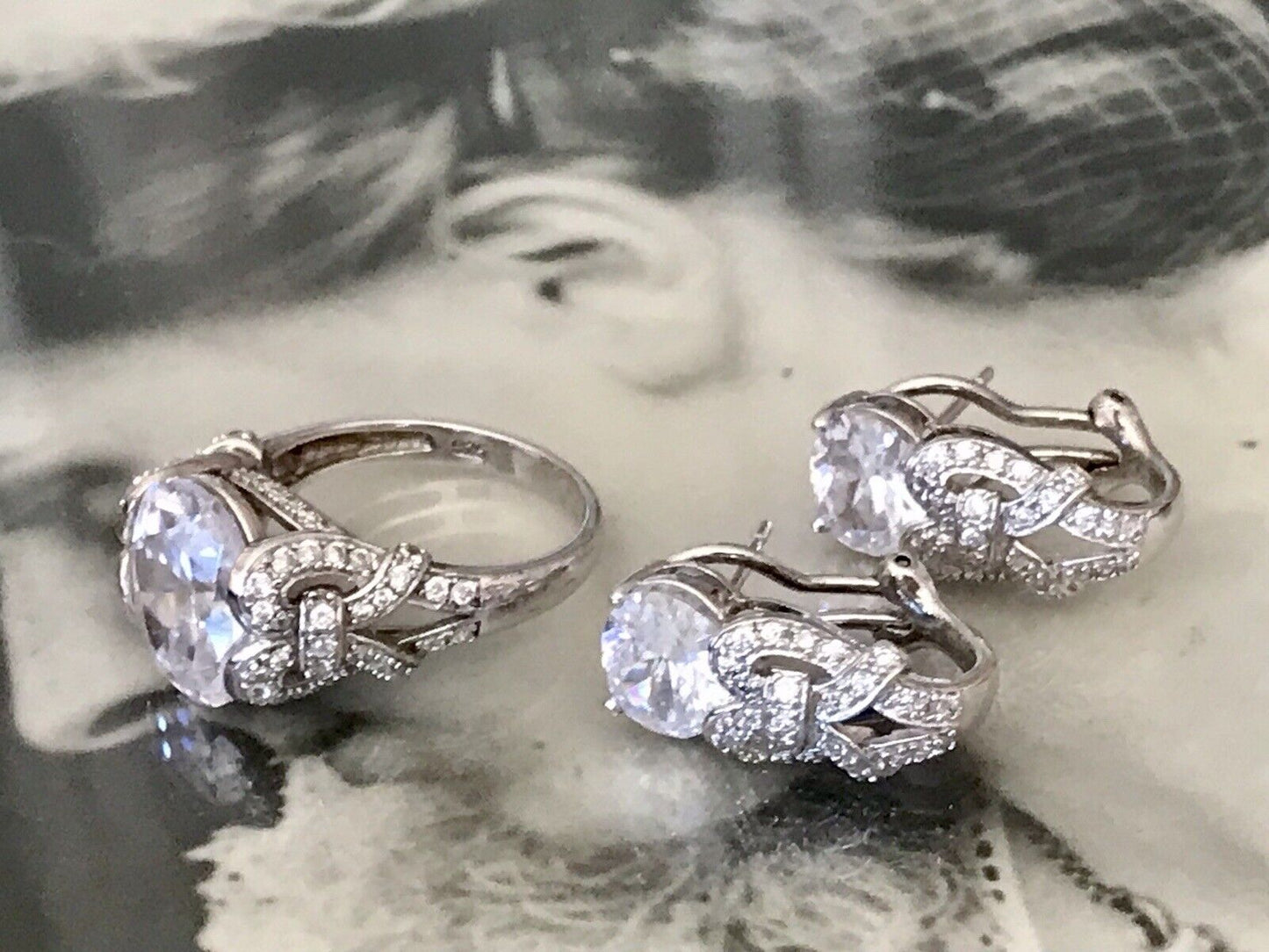 Edel Schmuck Set DAMEN RING & Ohrringe Silber 925 Gr.63 Steine Cubic Zirkonia