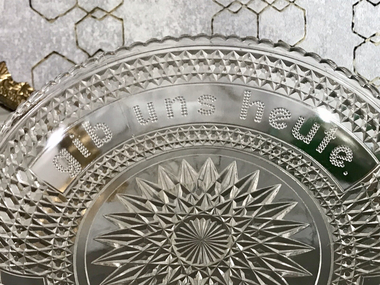 Art Déco Pressglas Schale Antik Brotschale Unser täglich Brot gib uns heute Glas