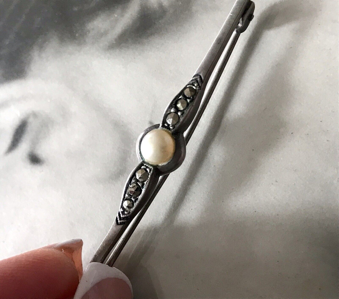 Antik Art Déco Edel Stabbrosche 835 Silber Brosche Markasiten Perle So Schön!