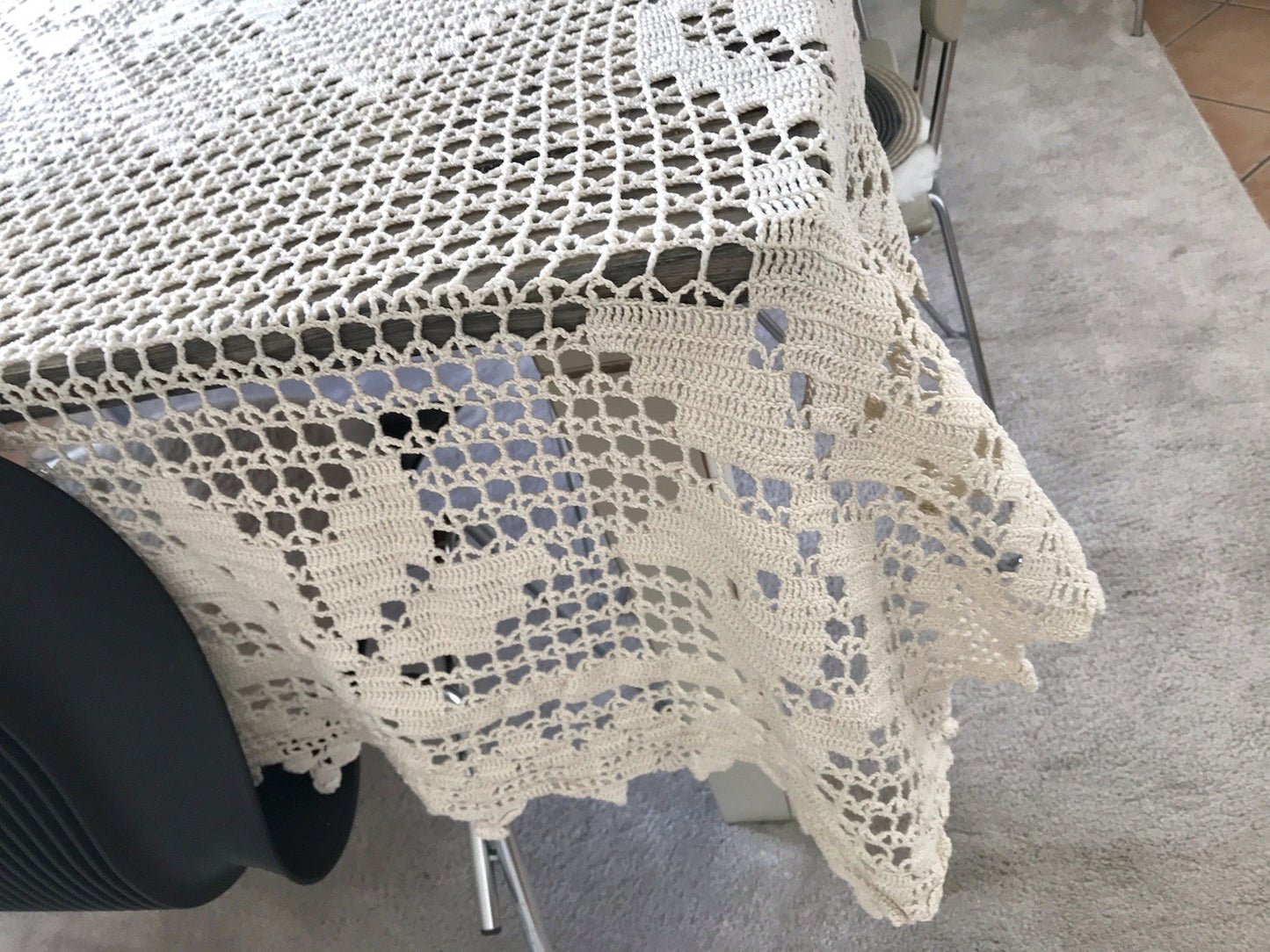 Antik Häkelspitze Tischdecke gehäkelt Creme Baumwolle Spitze Landhaus 170x145