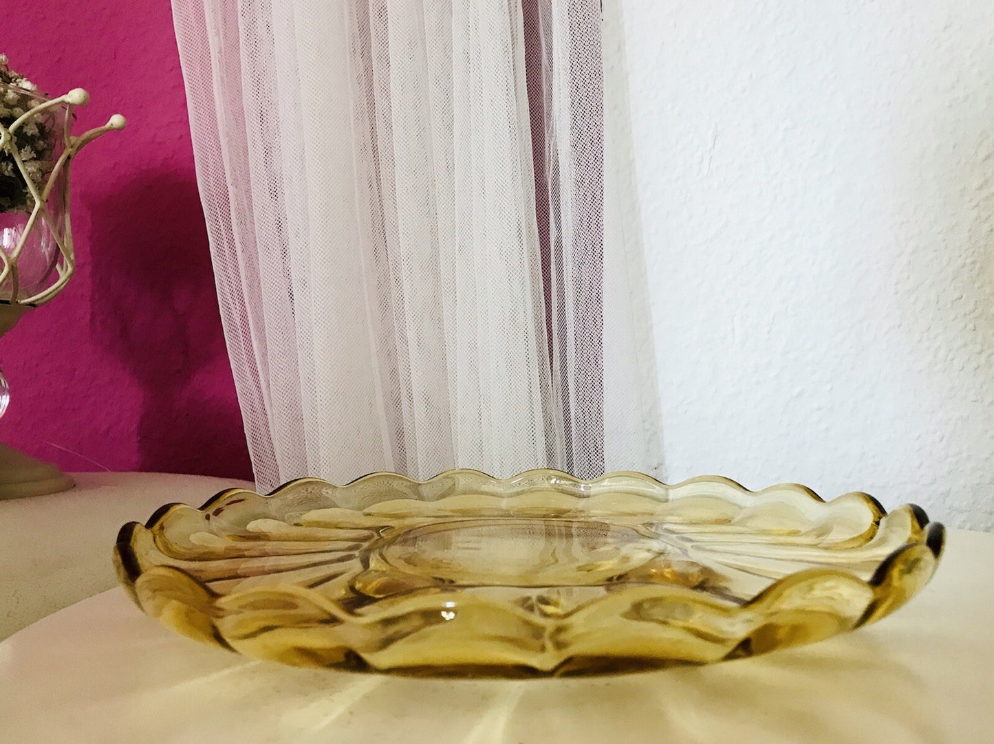 Antik Tortenplatte Kuchenplatte Glas gelb 4Füssig Art Déco Pressglas
