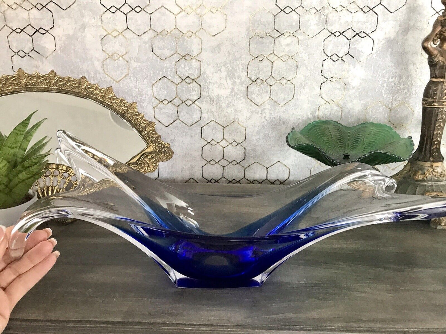 Murano 60er 70er Jahre Schale Glas zipfelig blauer Zwischenfang im Klarglas