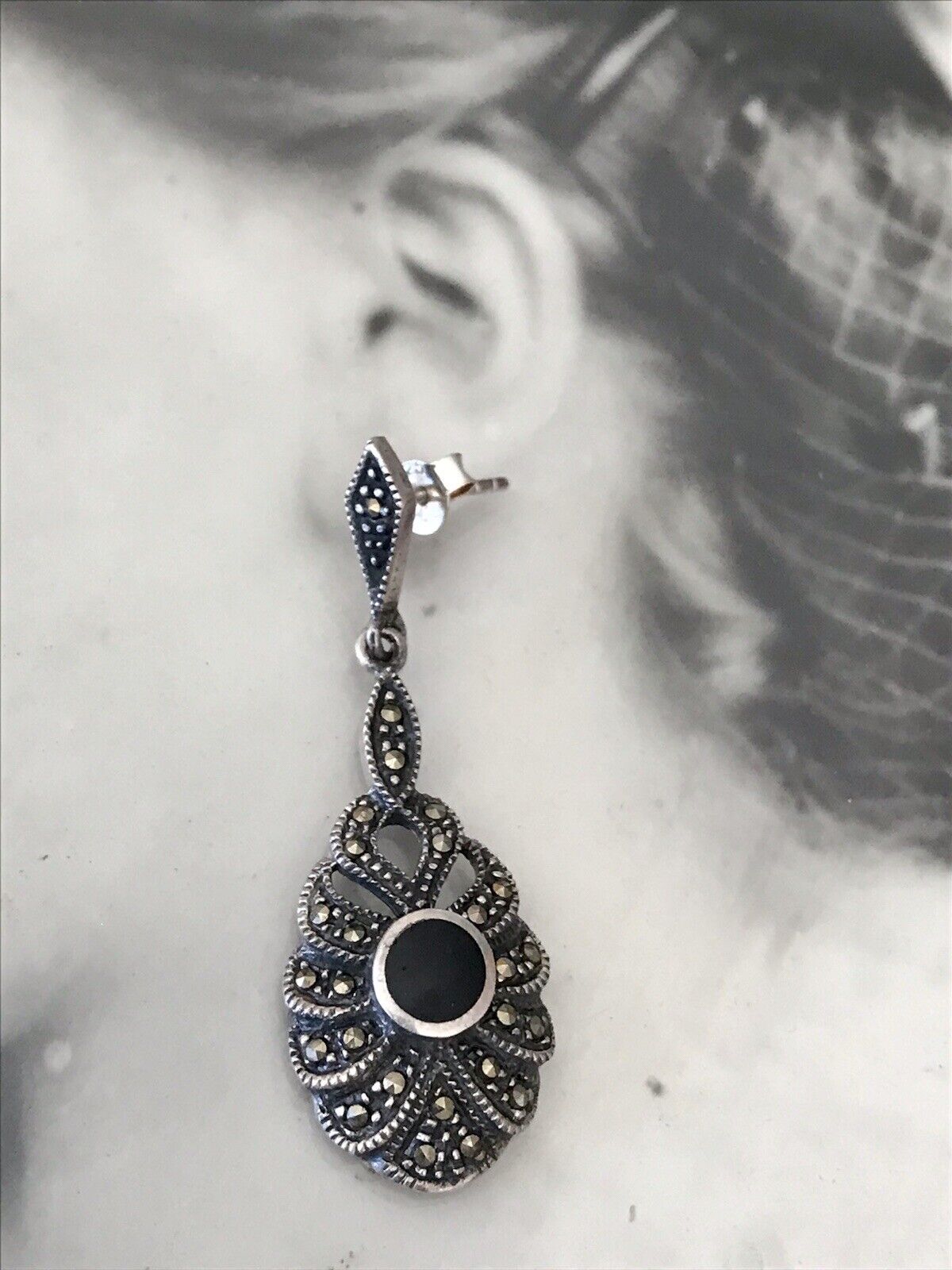 Antik Art Déco Wunderschön Ohrhänger Ohrringe DAMEN Silber 925 Onyx Markasite