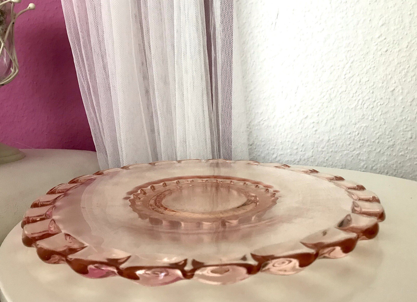 Antik Tortenplatte Tortenständer Rosalin Glas rosa Art Déco Pressglas