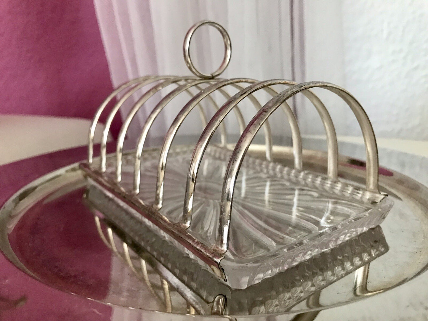 Vintage Toastbrot Ständer Halter versilbert Glaseinsatz Kristallglas 60er Jahre