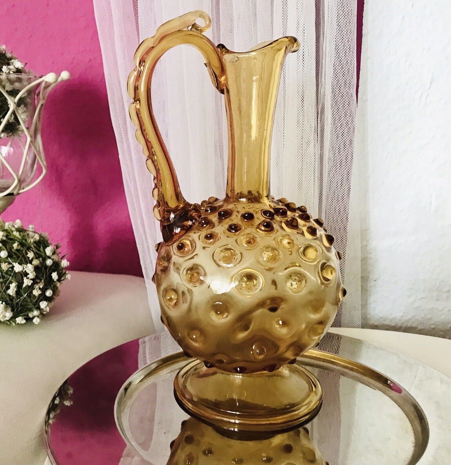 Murano Barovier Tosso ? 60er Karaffe Kanne Vase Glas Gelb Noppen Dubben Abriss