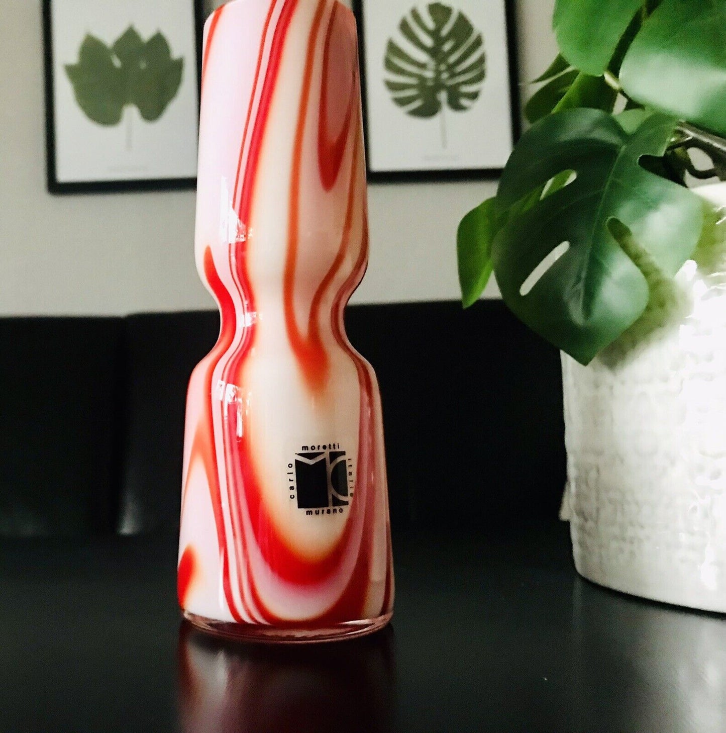 Carlo Moretti Vintage Vase Murano Glasvase rot weiß