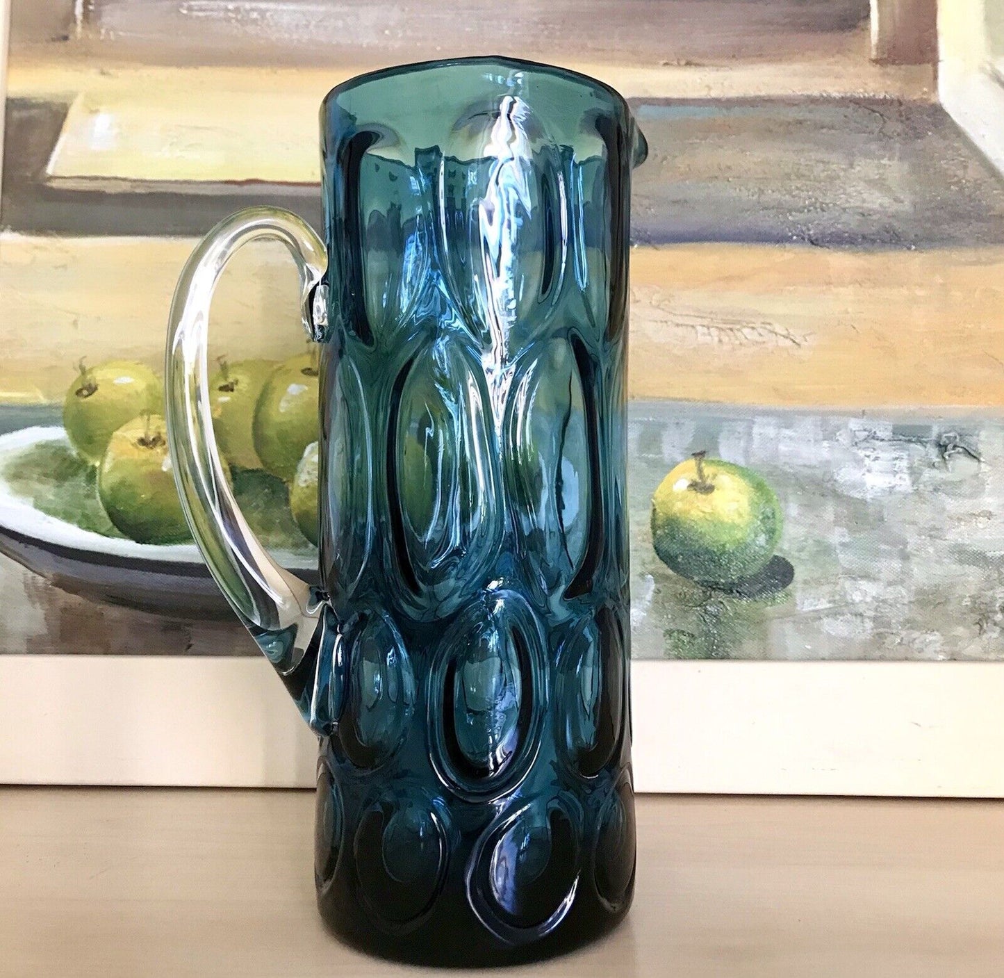 Vintage Designer 60er Krug Kanne Karaffe Space Age Glas Bubble Struktur blau