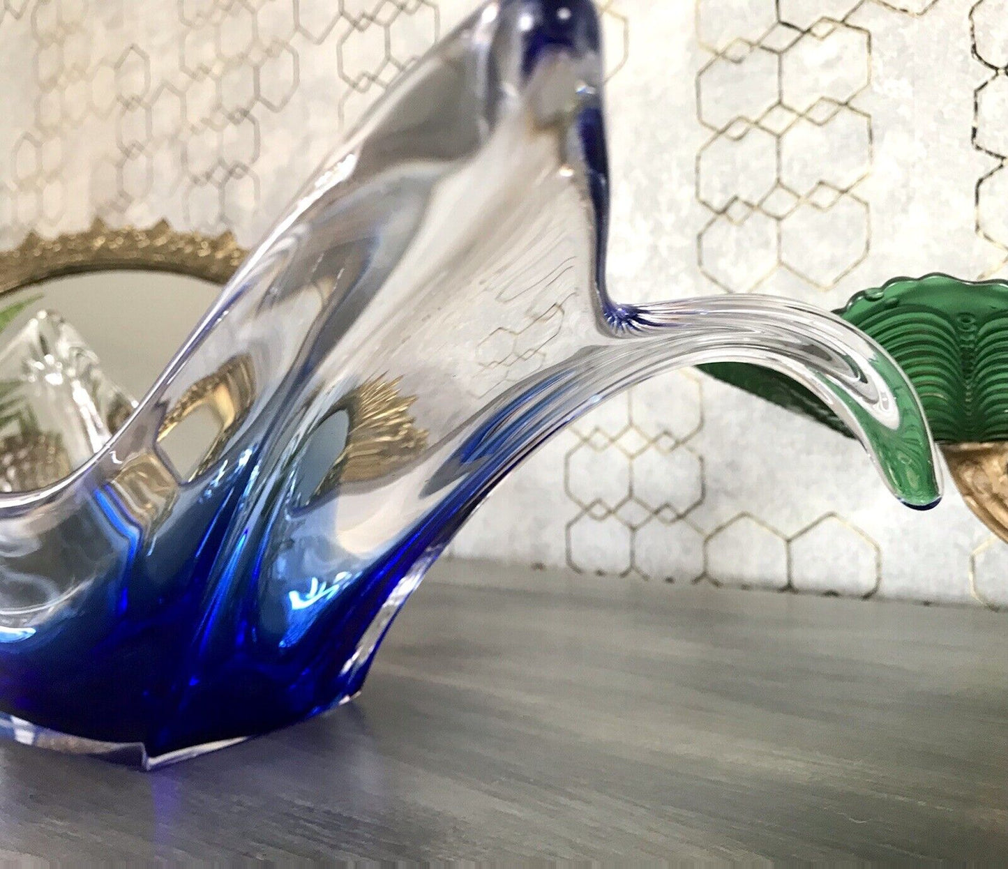 Murano 60er 70er Jahre Schale Glas zipfelig blauer Zwischenfang im Klarglas