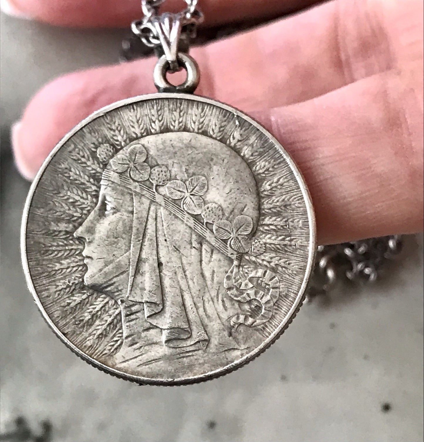 Antik Halskette Münze Jadwiga Polen 1933 Anhänger Kettenanhänger Silber 835