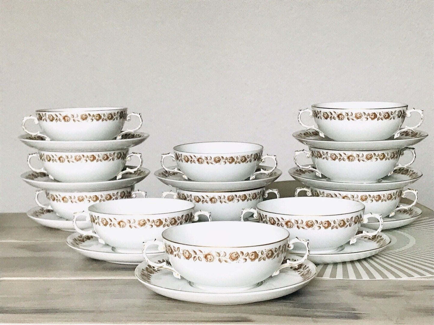 Vintage Porzellan Tafelservice Fürstenberg 12 Suppentassen weiß braun gold