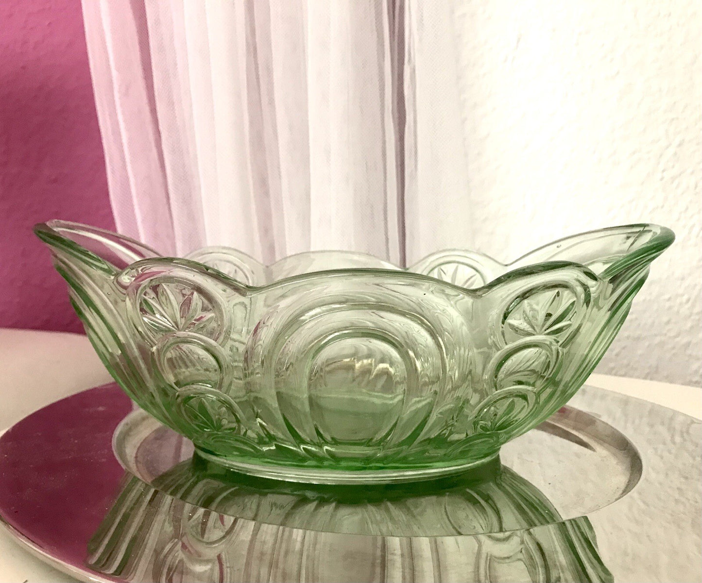 Antik Art Déco Jardiniere Schale Pressglas Glasschale grün Obstschale