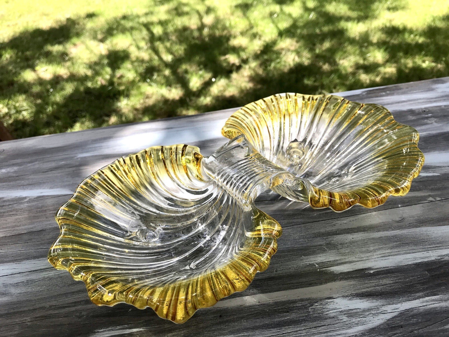 Vintage 70er Glas Schale Anbietschale Muschel Walther Glas Kultig gelb